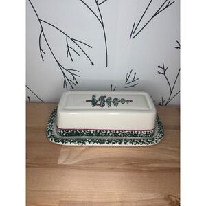 Furio Christmas Tree Butter Dish Italian Ceramic Holiday Sponged Green Cream